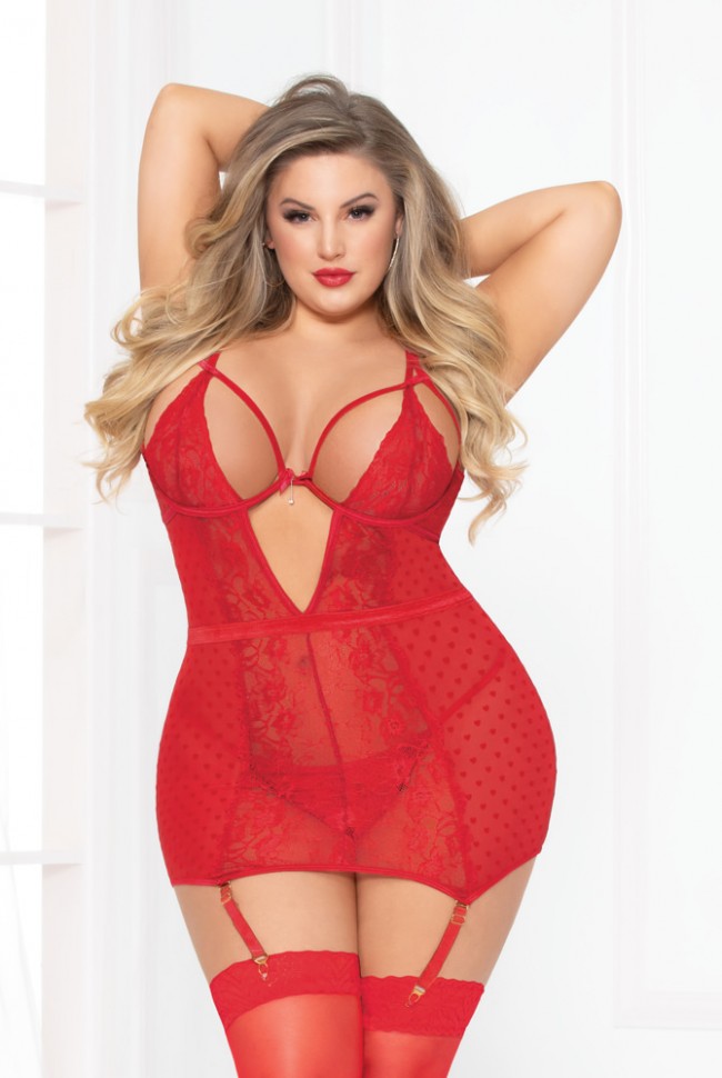 Plus Size Red Open Cup Garter Chemise Set